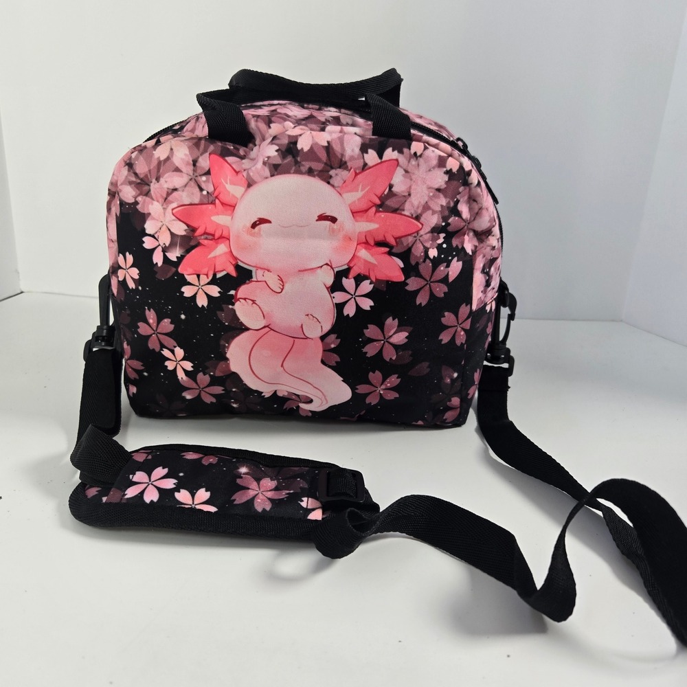 Axolotl Lunch Bag Insulated Small Pink Black Sakura Cherry Blossom Floral
